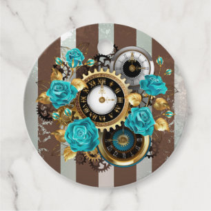 Étiquettes Cadeau Steampunk Clock and Turquoise Roses on Striped