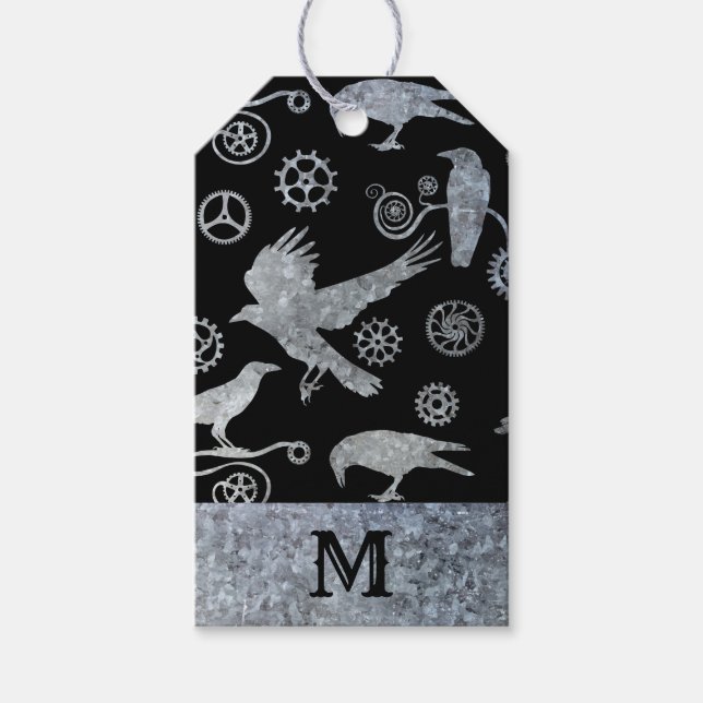 Étiquettes-cadeau Steampunk Silver Zinc Gears and Crows (Devant)