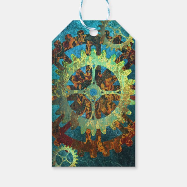 Étiquettes-cadeau Steampunk Verdigris Rousty Cogwheel (Devant)