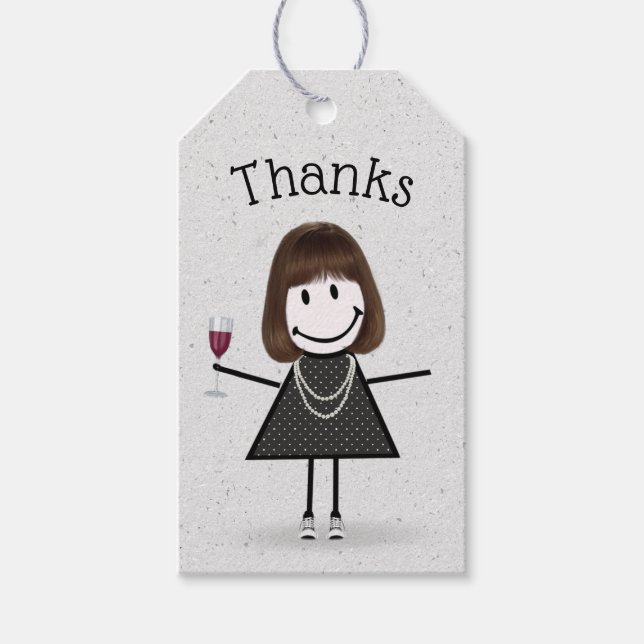 Étiquettes-cadeau Stick Girl avec vin et Basket (Devant)