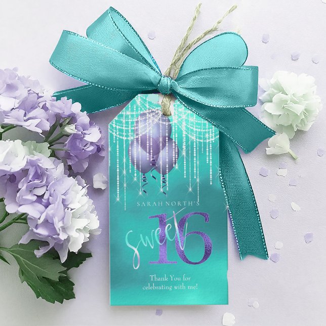 Étiquettes-cadeau String Lights & Balloons Sweet 16 ID Turquoise473 (Créateur téléchargé)