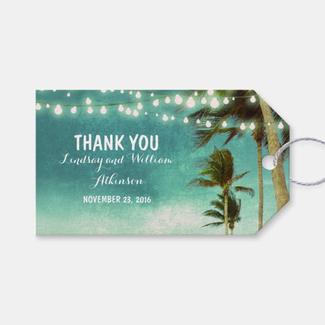 Étiquettes-cadeau String Lights Beach Palms Ombre Mariage Turquoise (Devant (Horizontal))