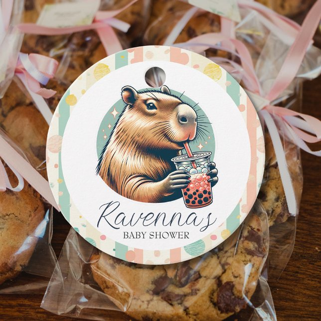 Étiquettes Cadeau Striped Funny Capybara Custom Name Baby Shower (Créateur téléchargé)