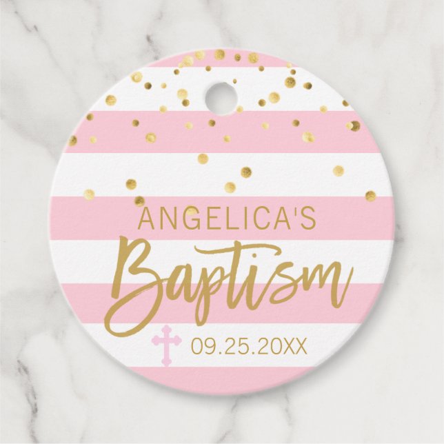 Étiquettes Cadeau Stripes Cross Pastel PINK Gold GIRL BAPTISM (Devant)