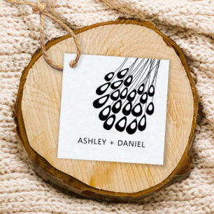 Étiquettes Cadeau Stylisé Peacock Feather Mariage moderne Carré