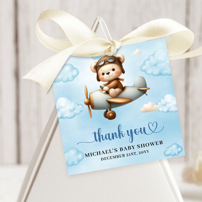 Étiquettes Cadeau Stylish Blue Brown Teddy Bear Aviator Boy Shower   (Stylish Blue Brown Teddy Bear Aviator Boy Shower Decor Favor Tag

)