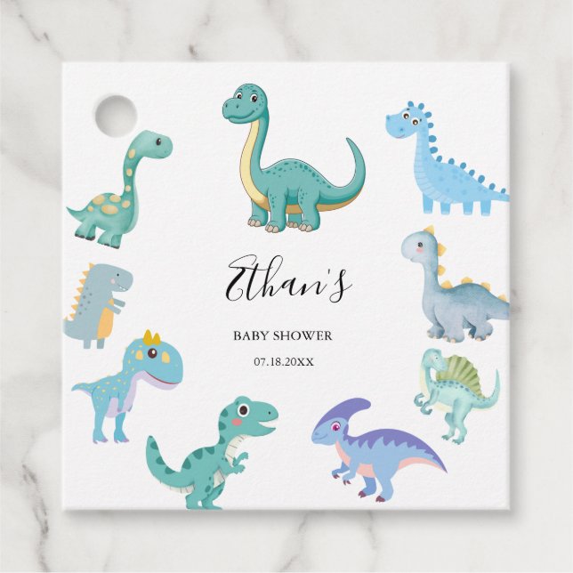 Étiquettes Cadeau Stylish Dinosaur Baby Shower White (Devant)