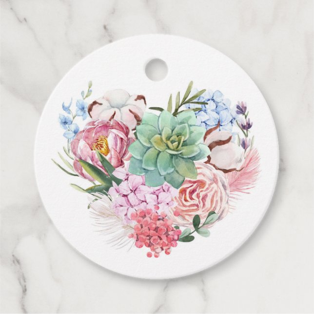Étiquettes Cadeau Succulent Mariage de coeur floral Merci (Devant)