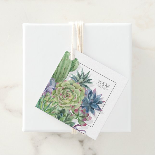 Étiquettes Cadeau Succulents et Mariage étincelant vert ID515 (En situation)