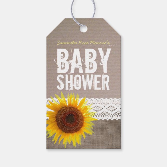 Étiquettes-cadeau Sunflower Burlap & Crochet Lace Baby shower (Devant)