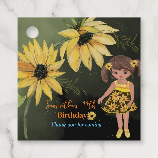 Étiquettes Cadeau Sunflower Watercolor Girl Noir Anniversaire (Devant)