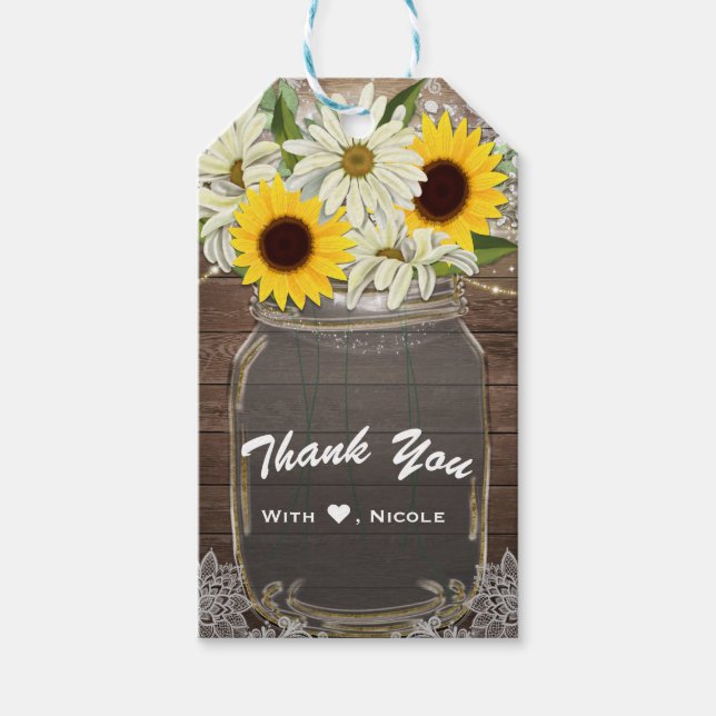 Étiquettes-cadeau Sunflowers & Daisy Mason Jar Sparkle Rustic Chic (Devant)