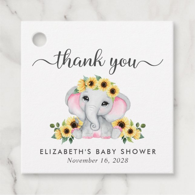 Étiquettes Cadeau Sunflowers Elephant Baby Girl Douche Merci (Devant)