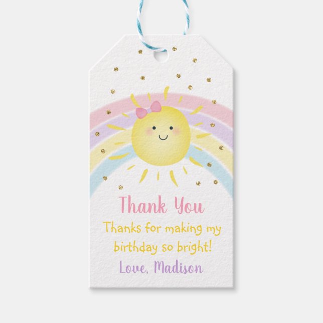 Étiquettes-cadeau Sunshine Arc-en-ciel rose or Pastel Anniversaire (Devant)