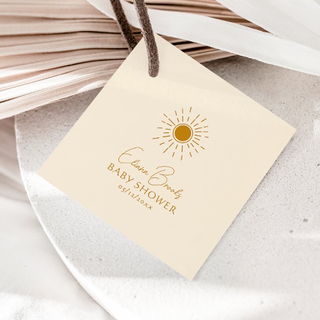 Étiquettes Cadeau Sunshine moderne Baby shower beige Carré Merci (Créateur téléchargé)
