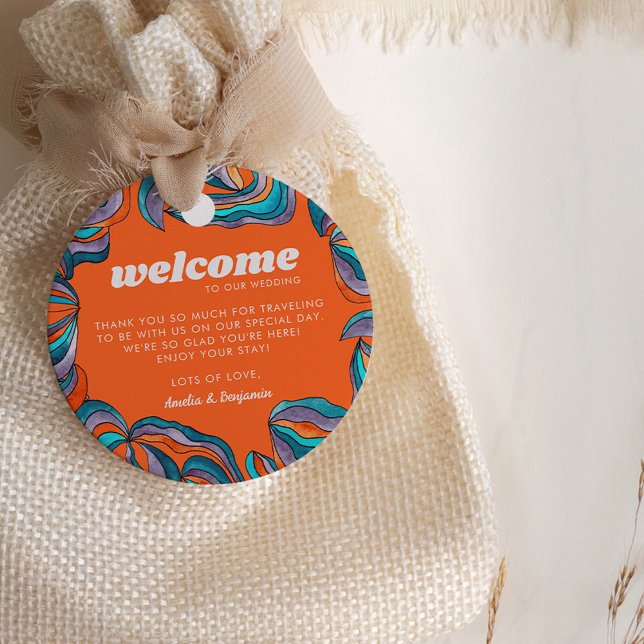 Étiquettes Cadeau Super Boho Retro Orange Wavy Monogram Mariage (Front)