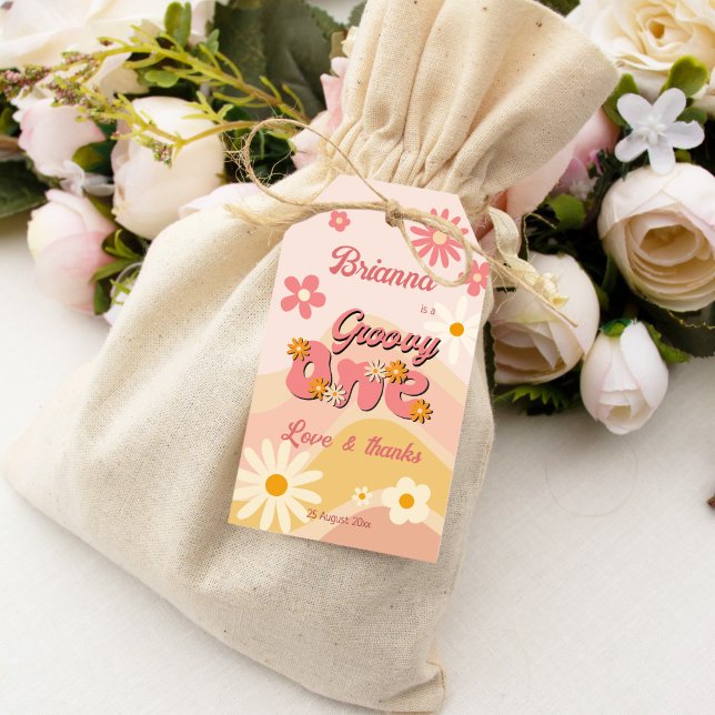 Étiquettes-cadeau Super une marguerite rétro 1er anniversaire (Groovy one retro daisy 1st birthday party thank you favor gift tags personalized printed favor tags)