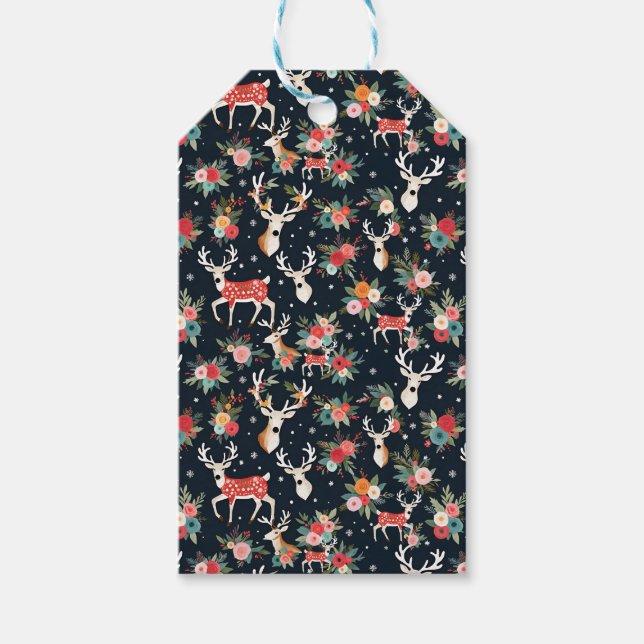 Étiquettes-cadeau Superbe renne de Noël Floral (Devant)