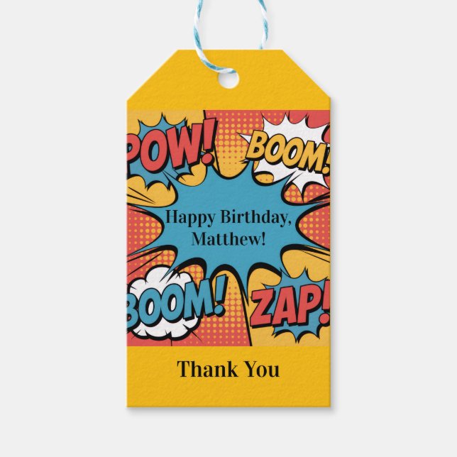 Étiquettes-cadeau Superhero Comic Book Pop Art Boy Birthday Thanks (Devant)