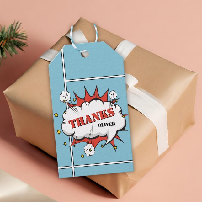 Étiquettes-cadeau Superhero Comic Discours Bubble Anniversaire Merci (Créateur téléchargé)