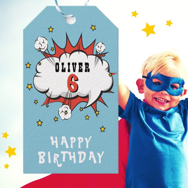 Étiquettes-cadeau Superhero Comic Speech Bubble Boy Anniversaire (Créateur téléchargé)
