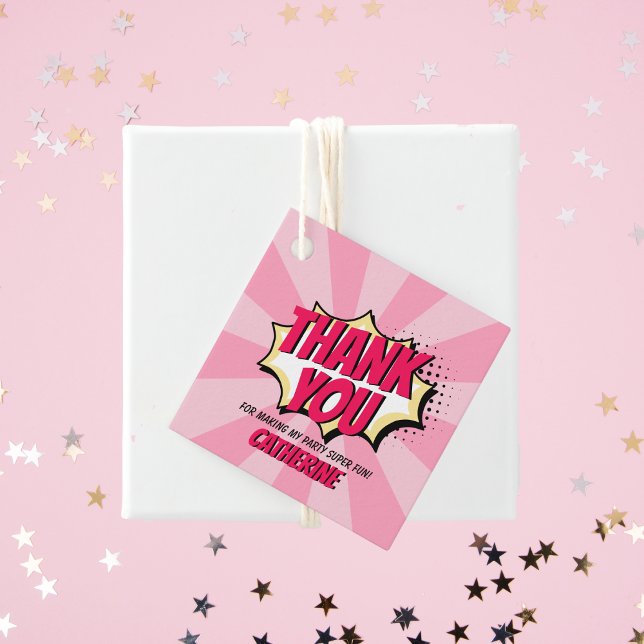 Étiquettes Cadeau Superhero Comic Style Girl Anniversaire rose (Créateur téléchargé)