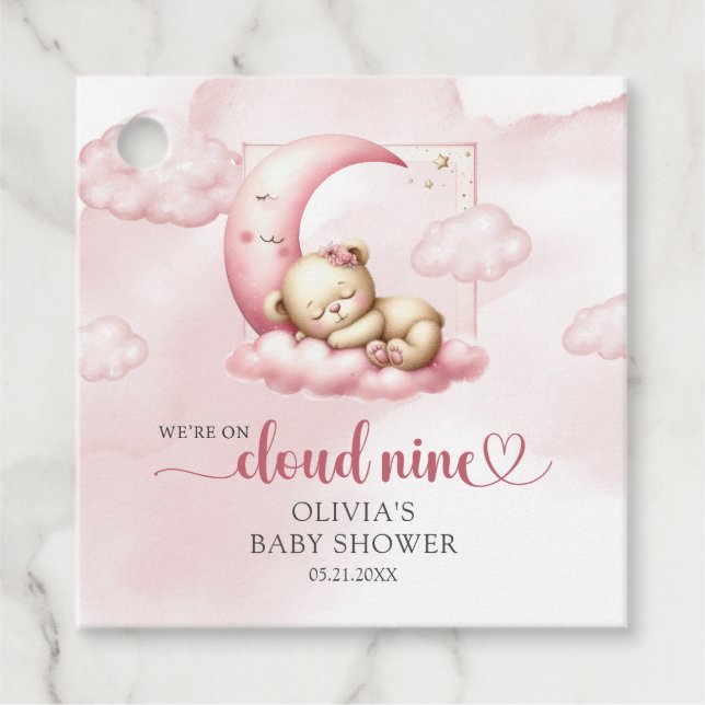 Étiquettes Cadeau Sur Cloud 9 mignon fille rose Baby shower balises  (Devant)