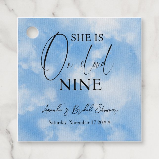 Étiquettes Cadeau Sur un nuage 9 Calligraphie Bleue Baby Shower (Devant)