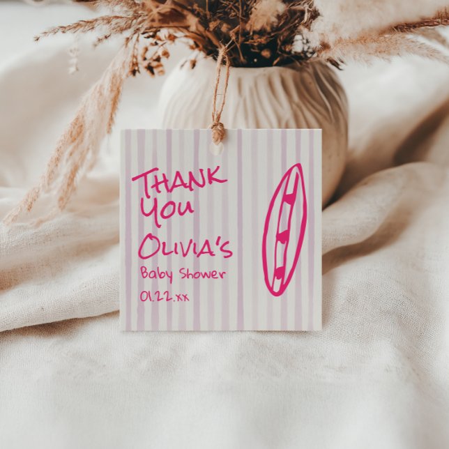 Étiquettes Cadeau Surf Main Tirée Bébé rose À Bord Baby shower (Créateur téléchargé)