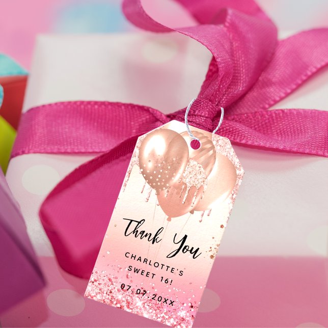 Étiquettes-cadeau Sweet 16 ballons d'or noir rose merci (Créateur téléchargé)