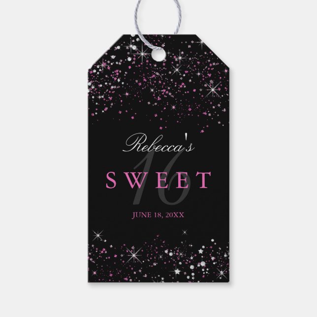 Étiquettes-cadeau Sweet 16 Black Pink Sparkle Parties scintillant Fa (Devant)