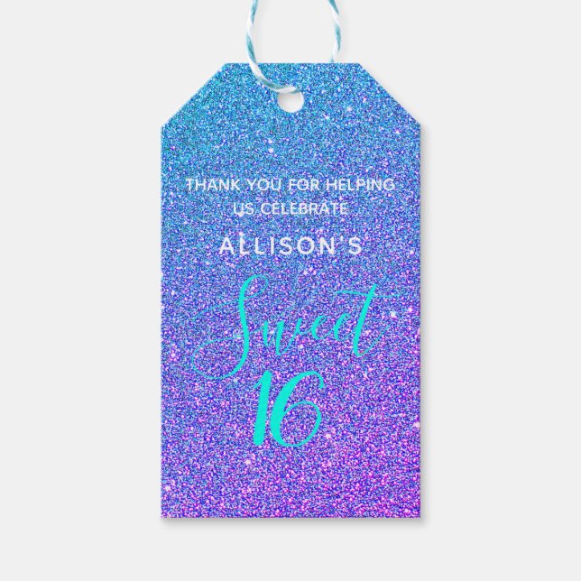 Étiquettes-cadeau Sweet 16 Turquoise Parties scintillant violet Pers (Devant)