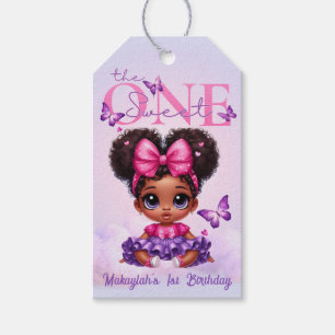 Étiquettes-cadeau Sweet ONE Afro Puff bébé fille pourpre 1er anniver