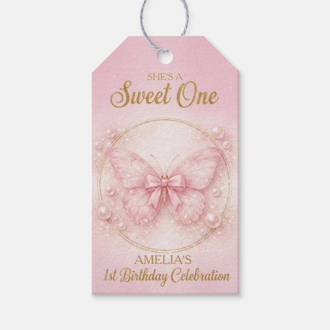 Étiquettes-cadeau Sweet One Pink Butterfly 1st Birthday Girl  (Devant)
