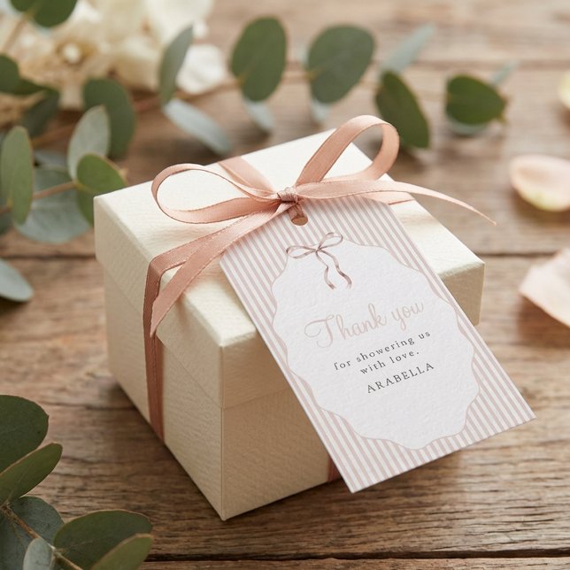 Étiquettes-cadeau Sweet Pinstriped Beige Bow Baby Shower Thank You (Créateur téléchargé)