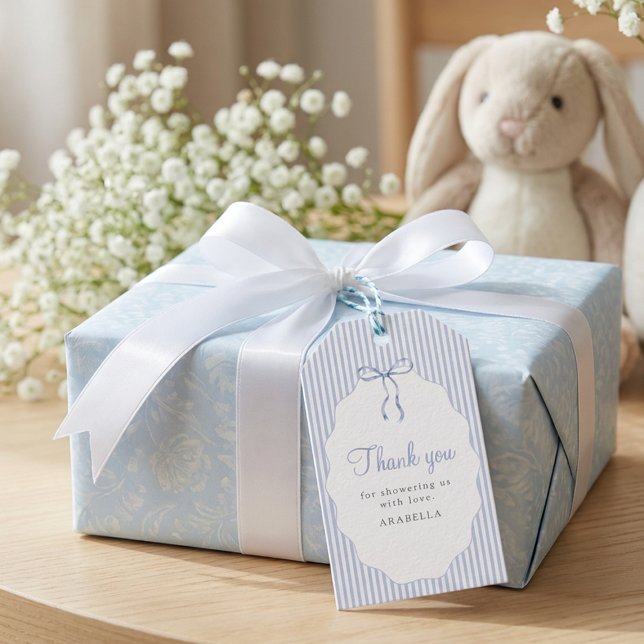 Étiquettes-cadeau Sweet Pinstriped Blue Bow Baby Shower Thank You (Créateur téléchargé)