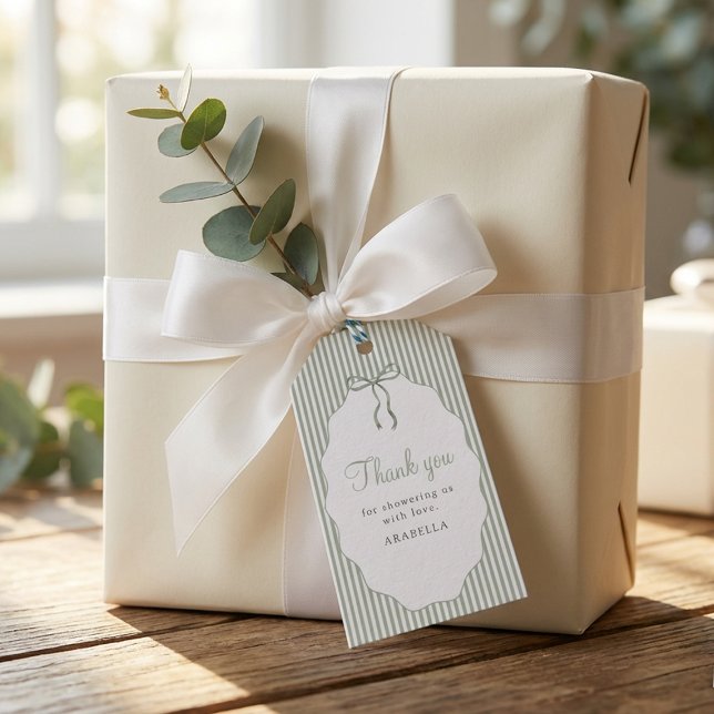 Étiquettes-cadeau Sweet Pinstriped Green Bow Baby Shower Thank You (Créateur téléchargé)