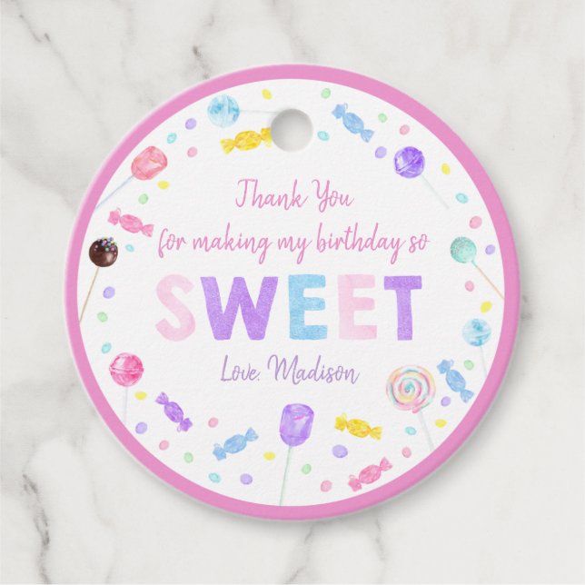 Étiquettes Cadeau Sweet Shop Lollipop Candy Anniversaire Merci (Devant)