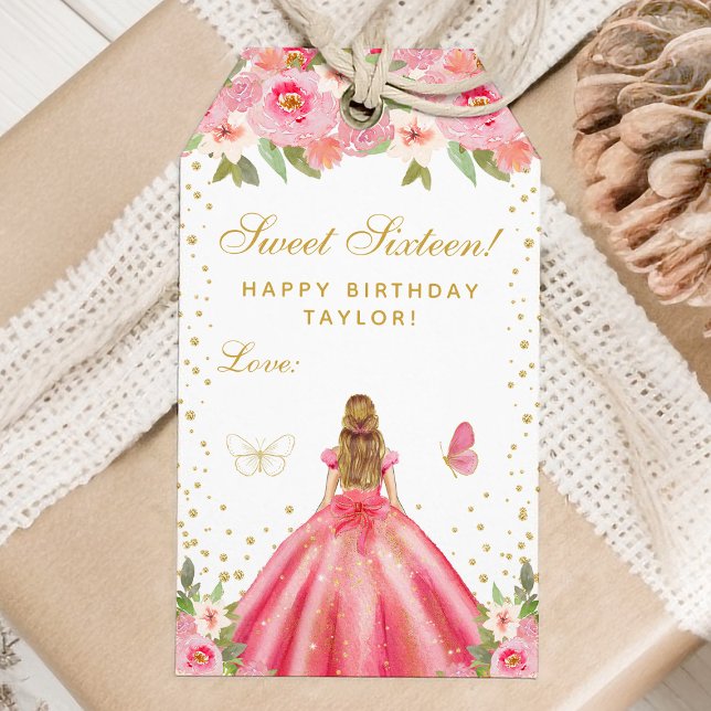 Étiquettes-cadeau Sweet sixteen rose floral blond cheveux fille (Créateur téléchargé)