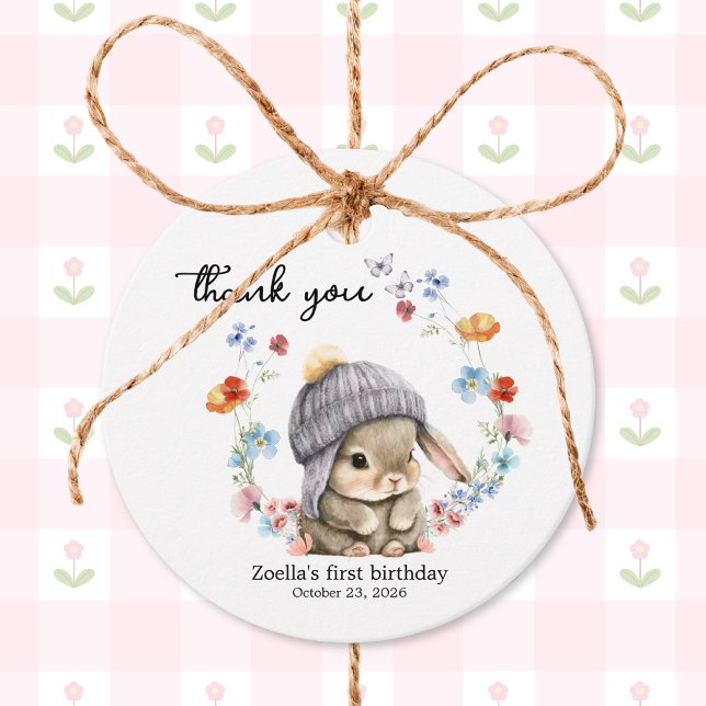Étiquettes Cadeau Sweet Watercolor Bunny Floral First Birthday  (Sweet Watercolor Bunny Floral First Birthday Thank You Tag 1)