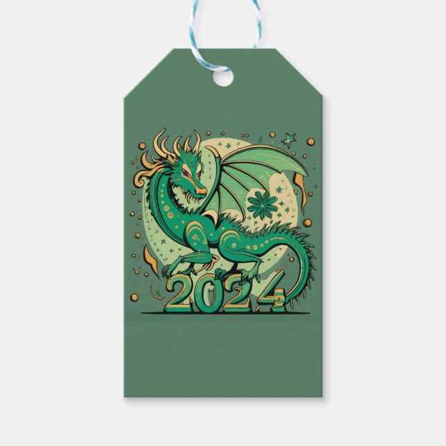 Étiquettes-cadeau Symbole 2024 Nouvel An, Dragon de Bois Vert (Devant)