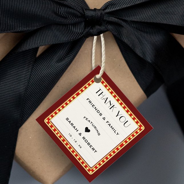 Étiquettes Cadeau Symbole du théâtre rétro Mariage rouge Merci (Retro Theater Marquee Sign Red Wedding Thank You Favor Tags)