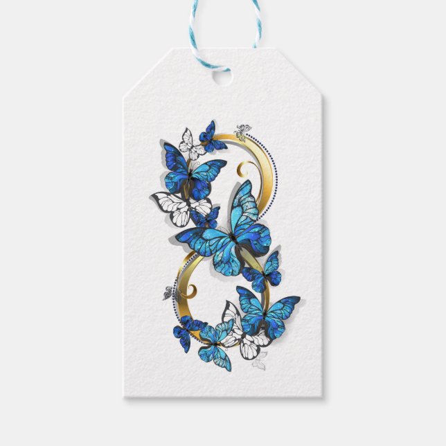 Étiquettes-cadeau Symbole infini de papillons Morpho bleus (Devant)