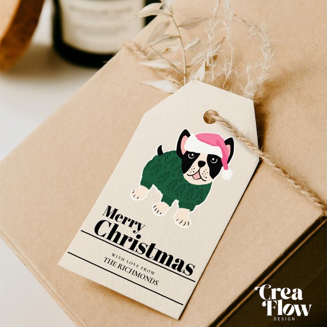 Étiquettes-cadeau Sympa Christmas Frenchie Chien Personnaliser (Christmas gift tag featuring cute Frenchie dog with green knitted overall. All text can be edited )