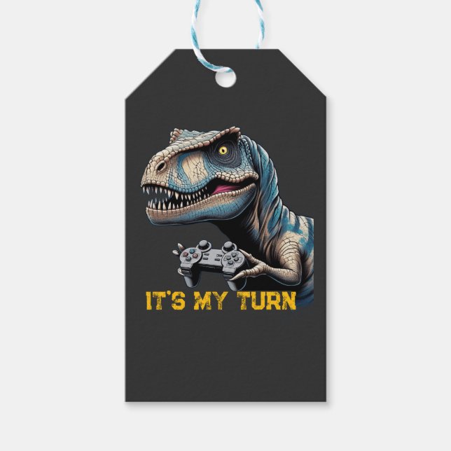 Étiquettes-cadeau T-Rex Gamer It’s My Turn Design (Devant)