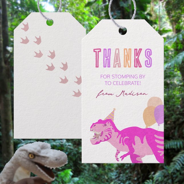 Étiquettes-cadeau T-Rex Rose Merci Dinosaur Anniversaire Favoriser B (Easy to personalize with your details)