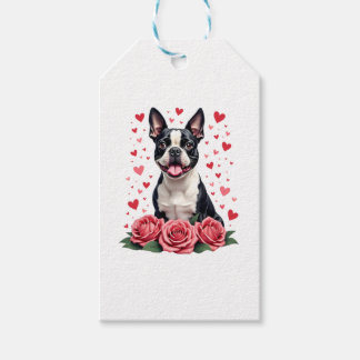 Étiquettes-cadeau T-shirt Boston Terrier avec Cœurs de Roses Rouges 