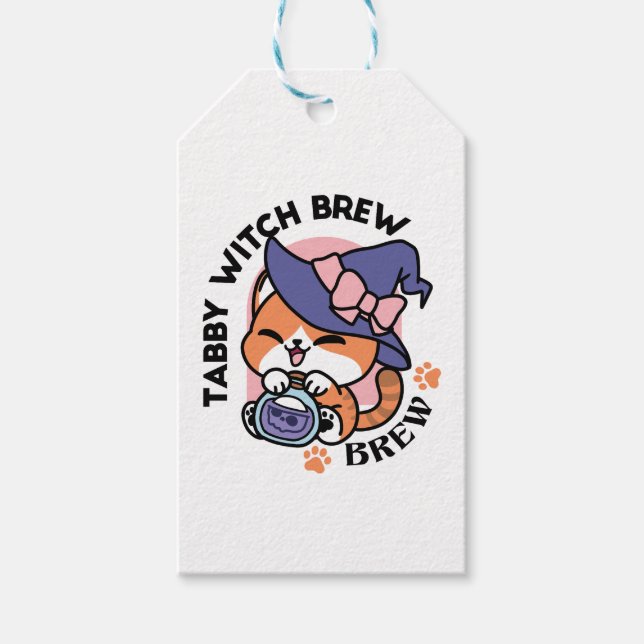 Étiquettes-cadeau Tabby Witch Brew – Joli design de chat pour Hallow (Devant)