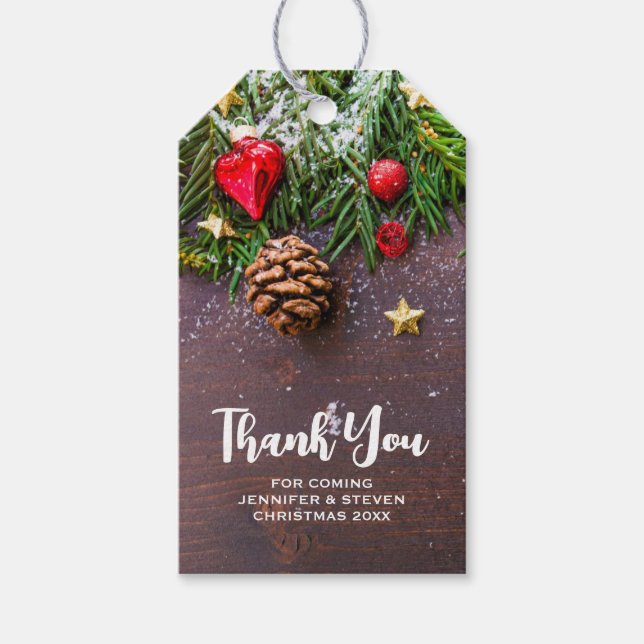 Étiquettes-cadeau Table de Noël rustique avec pin et neige (Devant)