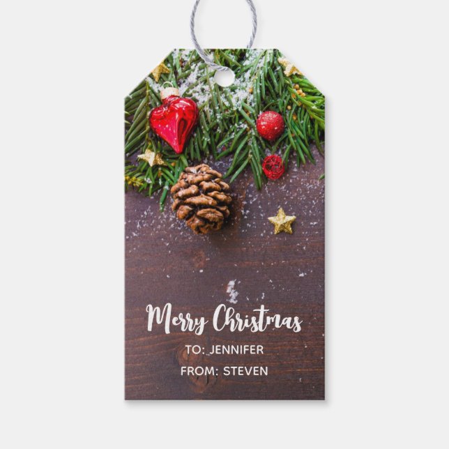 Étiquettes-cadeau Table de Noël rustique avec pin et neige (Devant)